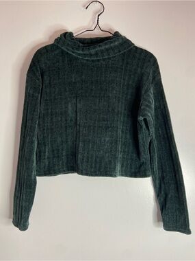 Vintage Y2K Chenille Poof! Ribbed Cropped Turtleneck Sweater - Forest Green